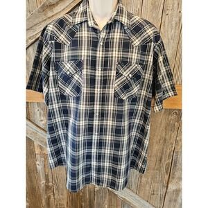 Plains Western Wear short sleeve pearl snap plaid cowboy EUC L ^^